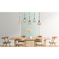 Závěsné svítidlo, kov černý matný, konopné lano hnědé, 5 různých stínidel, černé řetězy, DxŠxV: 1300x195x1250, bez žárovek 5xE27, max. 60W 230V