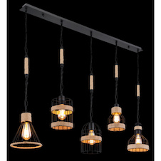 Závěsné svítidlo, kov černý matný, konopné lano hnědé, 5 různých stínidel, černé řetězy, DxŠxV: 1300x195x1250, bez žárovek 5xE27, max. 60W 230V