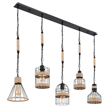 Závěsné svítidlo, kov černý matný, konopné lano hnědé, 5 různých stínidel, černé řetězy, DxŠxV: 1300x195x1250, bez žárovek 5xE27, max. 60W 230V