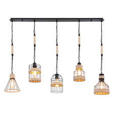 Závěsné svítidlo, kov černý matný, konopné lano hnědé, 5 různých stínidel, černé řetězy, DxŠxV: 1300x195x1250, bez žárovek 5xE27, max. 60W 230V