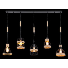 Závěsné svítidlo, kov černý matný, konopné lano hnědé, 5 různých stínidel, černé řetězy, DxŠxV: 1300x195x1250, bez žárovek 5xE27, max. 60W 230V