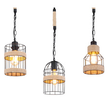 Závěsné svítidlo, kov černý matný, konopné lano hnědé, 5 různých stínidel, černé řetězy, DxŠxV: 1300x195x1250, bez žárovek 5xE27, max. 60W 230V