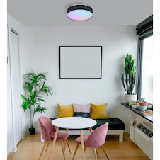 Stropní světlo kovové bílé, textil černý, akryl opál, paměťová funkce, noční světlo, stmívatelné, dálkové ovládání, měnič barev, barvy lze fixovat, duhový efekt, Ø40cm, H:11cm, LED 18W+RGB 5W 230V, 1440lm zdroj, 700lm výstup, 3000-6000K