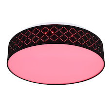 Stropní světlo kovové bílé, textil černý, akryl opál, paměťová funkce, noční světlo, stmívatelné, dálkové ovládání, měnič barev, barvy lze fixovat, duhový efekt, Ø40cm, H:11cm, LED 18W+RGB 5W 230V, 1440lm zdroj, 700lm výstup, 3000-6000K