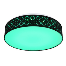 Stropní světlo kovové bílé, textil černý, akryl opál, paměťová funkce, noční světlo, stmívatelné, dálkové ovládání, měnič barev, barvy lze fixovat, duhový efekt, Ø40cm, H:11cm, LED 18W+RGB 5W 230V, 1440lm zdroj, 700lm výstup, 3000-6000K