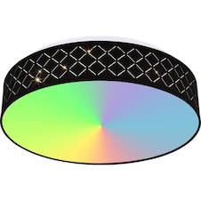 Stropní světlo kovové bílé, textil černý, akryl opál, paměťová funkce, noční světlo, stmívatelné, dálkové ovládání, měnič barev, barvy lze fixovat, duhový efekt, Ø40cm, H:11cm, LED 18W+RGB 5W 230V, 1440lm zdroj, 700lm výstup, 3000-6000K