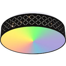 Stropní světlo kovové bílé, textil černý, akryl opál, paměťová funkce, noční světlo, stmívatelné, dálkové ovládání, měnič barev, barvy lze fixovat, duhový efekt, Ø40cm, H:11cm, LED 18W+RGB 5W 230V, 1440lm zdroj, 700lm výstup, 3000-6000K