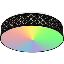 Stropní světlo kovové bílé, textil černý, akryl opál, paměťová funkce, noční světlo, stmívatelné, dálkové ovládání, měnič barev, barvy lze fixovat, duhový efekt, Ø40cm, H:11cm, LED 18W+RGB 5W 230V, 1440lm zdroj, 700lm výstup, 3000-6000K