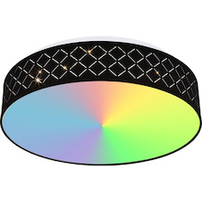 Stropní světlo kovové bílé, textil černý, akryl opál, paměťová funkce, noční světlo, stmívatelné, dálkové ovládání, měnič barev, barvy lze fixovat, duhový efekt, Ø40cm, H:11cm, LED 18W+RGB 5W 230V, 1440lm zdroj, 700lm výstup, 3000-6000K