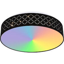 Stropní světlo kovové bílé, textil černý, akryl opál, paměťová funkce, noční světlo, stmívatelné, dálkové ovládání, měnič barev, barvy lze fixovat, duhový efekt, Ø40cm, H:11cm, LED 18W+RGB 5W 230V, 1440lm zdroj, 700lm výstup, 3000-6000K