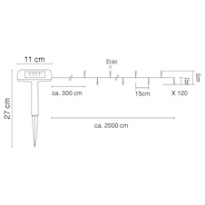 Solární světelný řetěz plast černý, plast průhledný, součástí balení baterie AAA 600mAh 1,2V, IP44, kabel od. Solární panel pro 1. LED 3m, rozteč LED 15cm, DxŠxV:20000x4x270mm, délka kabelu 3000mm, vč.120x LED 0,06W 3,2V