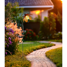 Solární svítidlo, kov zelený a zlatý, imitace praskajícího skla, oranžová barva, květ, vypínač, součástí balení dobíjecí baterie AAA 200mAh 1,2V, IP44, zapichovací hrot do země DxŠxV:250x150x900mm, včetně LED 0,06W 3,2V, 6500K