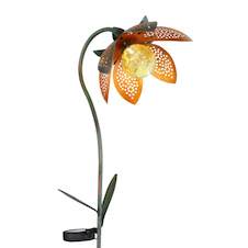 Solární svítidlo, kov zelený a zlatý, imitace praskajícího skla, oranžová barva, květ, vypínač, součástí balení dobíjecí baterie AAA 200mAh 1,2V, IP44, zapichovací hrot do země DxŠxV:250x150x900mm, včetně LED 0,06W 3,2V, 6500K