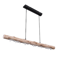 Závěsné svítidlo kov černý mat, dřevo přírodní barva, akrylové krystaly čiré, textilní kabel černý, paměťová funkce, 3 úrovně pomocí nástěnného spínače 100-40-10%, DxŠxV: 1000x80x1500mm, včetně LED 15W 230V, 1500lm Zdroj, 980lm Výkon, 3000K