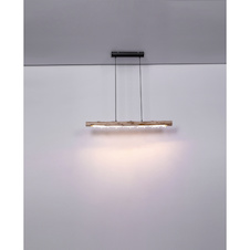 Závěsné svítidlo kov černý mat, dřevo přírodní barva, akrylové krystaly čiré, textilní kabel černý, paměťová funkce, 3 úrovně pomocí nástěnného spínače 100-40-10%, DxŠxV: 1000x80x1500mm, včetně LED 15W 230V, 1500lm Zdroj, 980lm Výkon, 3000K