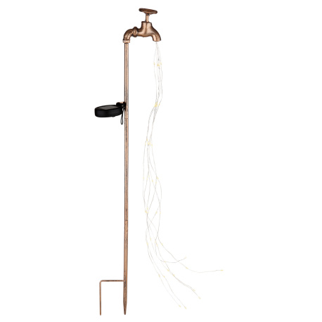 Solární svítidlo kovové zlaté barvy, plast transparentní, vypínač, krokový vypínač, efekt hořícího ohně, LED běžící nebo trvalé svícení, baterie součástí AAA 300mAh, IP44, DxŠxV:110x60x800mm, vč.60x LED 0,06W 3V 4500K