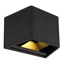 Solární svítidlo plast černý, plast čirý, vypínač, směr svícení nahoru a dolů, stínítkem lze nastavit světelný kužel, součástí balení baterie CR18650 1300mAh 3,7V, IP54, ŠxVxH:154x99x96mm, včetně LED 6W 3,2V, 70lm zdroj, 40lm výstup, 3000K