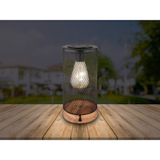 Solární svítidlo přírodní dřevo, matný černý plast, matná černá kovová síťka, průhledný plast, vypínač, baterie součástí balení AA 200mAh 1,2V, IP44, Ø120mm, V:255mm, vč.LED 0,06W 3V, 3000K