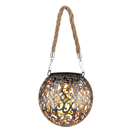 Solární svítidlo, kov stříbrošedý starožitný, kov měděný, plast černý, konopí přírodní barva, vypínač, součástí balení dobíjecí baterie AAA 200mAh 1,2V, IP44, k zavěšení nebo postavení, Ø120mm, V:260mm, vč. LED 0,06W 3,2V, 3000K