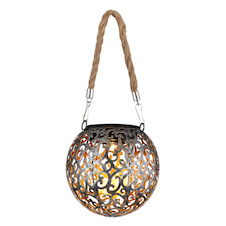 Solární svítidlo, kov stříbrošedý starožitný, kov měděný, plast černý, konopí přírodní barva, vypínač, součástí balení dobíjecí baterie AAA 200mAh 1,2V, IP44, k zavěšení nebo postavení, Ø120mm, V:260mm, vč. LED 0,06W 3,2V, 3000K