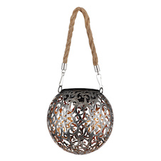 Solární svítidlo, kov stříbrošedý starožitný, kov měděný, plast černý, konopí přírodní barva, vypínač, součástí balení dobíjecí baterie AAA 200mAh 1,2V, IP44, k zavěšení nebo postavení, Ø120mm, V:260mm, vč. LED 0,06W 3,2V, 3000K