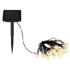 Solární světelný řetěz plast černý matný, čirý, černý, vypínač, vč. Dobíjecí baterie AA 600mAh 1,2V, IP44, Ø18mm, V:18mm, vzdálenost mezi LED 150mm, počet žárovek (světelný řetěz) 20, délka přívodní kabel 2000mm, vč.20x LED 0,06W 1,2V, 2700K