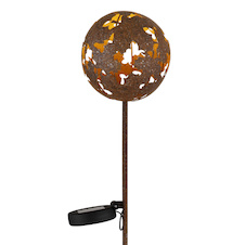 Solární svítidlo, imitace kovu, vypínač, baterie AAA 300mAh 1,2V, IP44, globus s javorovými listy na trnu, ø:12cm, V:91,5cm, včetně LED 0,024W 3V 3000K