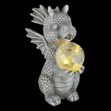 Solární svítidlo, plast šedý matný, skleněná koule čirá s efektem prasklého skla, vypínač, baterie AAA 300mAh 1,2V, IP44, drak, DxŠxVxH:19x13,5x27,5cm, včetně LED 0,024W 3V 3000K