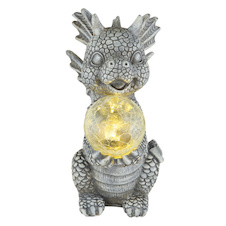 Solární svítidlo, plast šedý matný, skleněná koule čirá s efektem prasklého skla, vypínač, baterie AAA 300mAh 1,2V, IP44, drak, DxŠxVxH:19x13,5x27,5cm, včetně LED 0,024W 3V 3000K