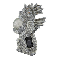 Solární svítidlo, plast šedý matný, skleněná koule čirá s efektem prasklého skla, vypínač, baterie AAA 300mAh 1,2V, IP44, drak, DxŠxVxH:19x13,5x27,5cm, včetně LED 0,024W 3V 3000K