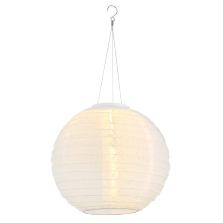 Solární svítidlo, plast bílý, nerezová ocel, PVC kabel bílý, posuvný vypínač, baterie AAA 300mAh 1,2V, IP44, závěsná lucerna, ø:30cm, V:55cm, včetně LED 0,06W 3V 2700K