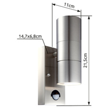 Venkovní svítidlo, nerezová ocel, sklo průhledné, IP44, senzor: 100°; dosah: 6m, ŠxV: 7x22cm, H:11cm, včetně žárovek 2xGU10 5W 230V, 420lm, 3000K.