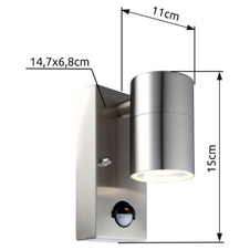 Venkovní svítidlo, nerezová ocel, sklo průhledné, včetně LED 10705, IP44, senzor: 100°, rozpětí 6m, ŠxV: 7x15cm, H:11cm, včetně žárovky 1xGU10 LED 5W 230V, 210lm, 3000K.