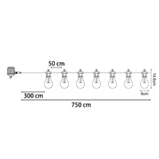 LED světelný řetěz, černý plast, barevná skla, délka kabelu 3m, vzdálenost mezi LED 50cm, IP44, celková délka: 4,5m, včetně 10xLED 4,2W 230V.