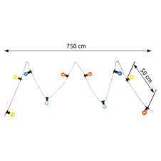 LED světelný řetěz, černý plast, barevná skla, délka kabelu 3m, vzdálenost mezi LED 50cm, IP44, celková délka: 4,5m, včetně 10xLED 4,2W 230V.