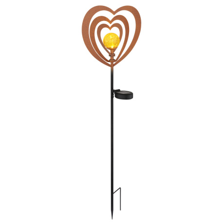 Solární svítidlo, kov, imitace rzi, kov černý, plast černý matný, jantarová koule s efektem popraskaného skla, posuvný vypínač, baterie součástí balení AAA 300mAh 1,2V, IP44, DxŠxV: 280x60x820mm, včetně LED 0,06W 3V, 3000K