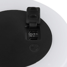 Solární svítidlo z nerezavějící oceli černé, plast satinovaný, textil černý, dotykové zapnutí/vypnutí, stmívač, USB výstup, 5 stupňů jasu přepínání, CR18650 2200mAh 3,7V, IP54, ø:125mm,V:27,5mm, LED 3W 3,7V, zdroj 330lm, výstup 200lm, 3000K