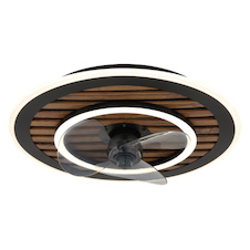 Stropní ventilátor, černý kov, plast imitace dřeva, stmívatelný, více rychlostí pomocí nástěnného vypínače, paměť, dálkové ovládání, 15m², 2 směry otáčení, Ø:49cm, V:13cm, LED 36W 230V, zdroj 380-3800lm, výstup 380-3800lm, CCT 2700-6000K