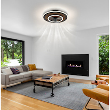 Stropní ventilátor, černý kov, plast imitace dřeva, stmívatelný, více rychlostí pomocí nástěnného vypínače, paměť, dálkové ovládání, 15m², 2 směry otáčení, Ø:49cm, V:13cm, LED 36W 230V, zdroj 380-3800lm, výstup 380-3800lm, CCT 2700-6000K