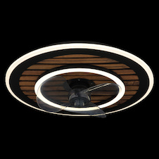 Stropní ventilátor, černý kov, plast imitace dřeva, stmívatelný, více rychlostí pomocí nástěnného vypínače, paměť, dálkové ovládání, 15m², 2 směry otáčení, Ø:49cm, V:13cm, LED 36W 230V, zdroj 380-3800lm, výstup 380-3800lm, CCT 2700-6000K