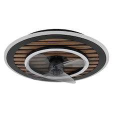Stropní ventilátor, černý kov, plast imitace dřeva, stmívatelný, více rychlostí pomocí nástěnného vypínače, paměť, dálkové ovládání, 15m², 2 směry otáčení, Ø:49cm, V:13cm, LED 36W 230V, zdroj 380-3800lm, výstup 380-3800lm, CCT 2700-6000K