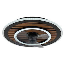 Stropní ventilátor, černý kov, plast imitace dřeva, stmívatelný, více rychlostí pomocí nástěnného vypínače, paměť, dálkové ovládání, 15m², 2 směry otáčení, Ø:49cm, V:13cm, LED 36W 230V, zdroj 380-3800lm, výstup 380-3800lm, CCT 2700-6000K