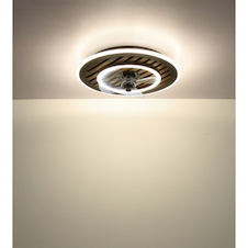 Stropní ventilátor, černý kov, plast imitace dřeva, stmívatelný, více rychlostí pomocí nástěnného vypínače, paměť, dálkové ovládání, 15m², 2 směry otáčení, Ø:49cm, V:13cm, LED 36W 230V, zdroj 380-3800lm, výstup 380-3800lm, CCT 2700-6000K