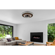 Stropní ventilátor, černý kov, plast imitace dřeva, stmívatelný, více rychlostí pomocí nástěnného vypínače, paměť, dálkové ovládání, 15m², 2 směry otáčení, Ø:49cm, V:13cm, LED 36W 230V, zdroj 380-3800lm, výstup 380-3800lm, CCT 2700-6000K