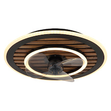 Stropní ventilátor, černý kov, plast imitace dřeva, stmívatelný, více rychlostí pomocí nástěnného vypínače, paměť, dálkové ovládání, 15m², 2 směry otáčení, Ø:49cm, V:13cm, LED 36W 230V, zdroj 380-3800lm, výstup 380-3800lm, CCT 2700-6000K