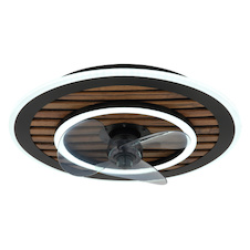 Stropní ventilátor, černý kov, plast imitace dřeva, stmívatelný, více rychlostí pomocí nástěnného vypínače, paměť, dálkové ovládání, 15m², 2 směry otáčení, Ø:49cm, V:13cm, LED 36W 230V, zdroj 380-3800lm, výstup 380-3800lm, CCT 2700-6000K