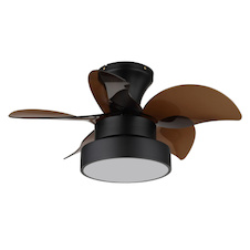 Stropní ventilátor, matný černý kov, hnědý/bílý plast, více rychlostí pomocí nástěnného vypínače, paměťová funkce, dálkové ovládání, 15m², 2 směry otáčení, Ø:58cm, V:27cm, LED 22W 230V, zdroj 2890 lm, výstup 1660lm, CCT 3000/4500/6000K