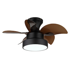 Stropní ventilátor, matný černý kov, hnědý/bílý plast, více rychlostí pomocí nástěnného vypínače, paměťová funkce, dálkové ovládání, 15m², 2 směry otáčení, Ø:58cm, V:27cm, LED 22W 230V, zdroj 2890 lm, výstup 1660lm, CCT 3000/4500/6000K
