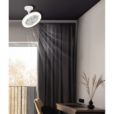 Stropní ventilátor, plast bílý matný/průhledný, stmívatelný, více rychlostí pomocí nástěnného vypínače, paměť, dálkové ovládání, do 5m², chladící účinek, Ø:25,8cm, V:21,7cm, LED 20W 230V, zdroj 270-2290lm, výstup 180-1480 lm, CCT 3000-6500K