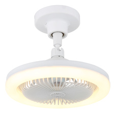 Stropní ventilátor, plast bílý matný/průhledný, stmívatelný, více rychlostí pomocí nástěnného vypínače, paměť, dálkové ovládání, do 5m², chladící účinek, Ø:25,8cm, V:21,7cm, LED 20W 230V, zdroj 270-2290lm, výstup 180-1480 lm, CCT 3000-6500K